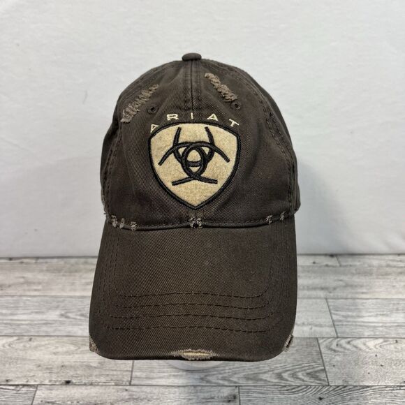 Ariat Men's Distressed Adjustable Strap Back Cap Hat Brown EUC - Picture 2 of 10